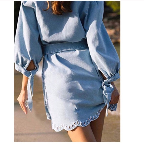 Light Blue Denim Embroidery Dress - Picture 3 of 5